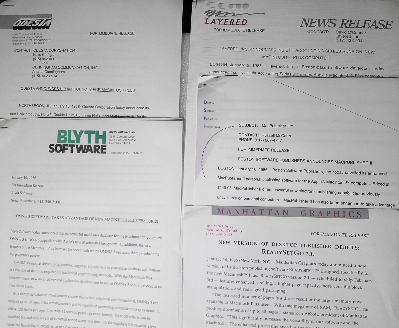 1986 Five Apple Macintosh products Press Releases lot: Odesta, Blyth, Layered...