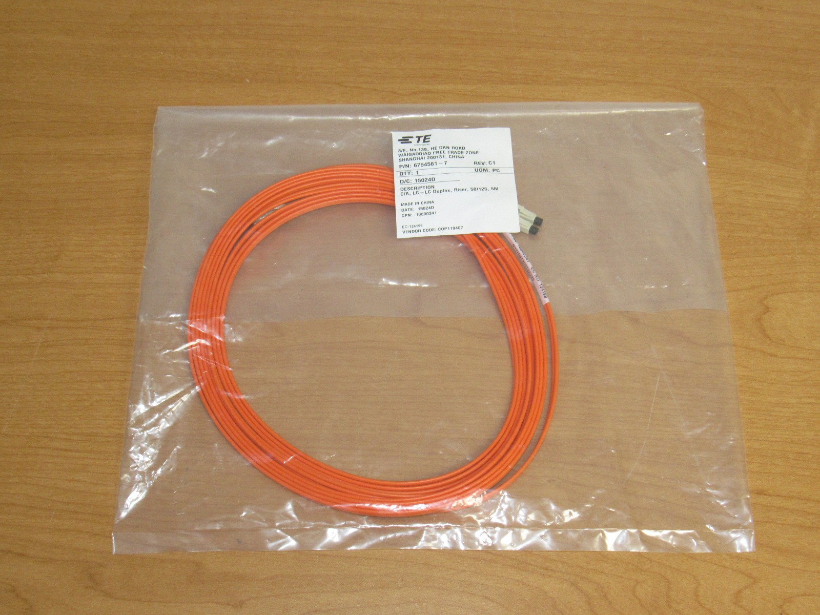 Tyco Electronics Fiber Cable - LC-LC Duplex, Riser, 50/125, 5M - 10800341 - New