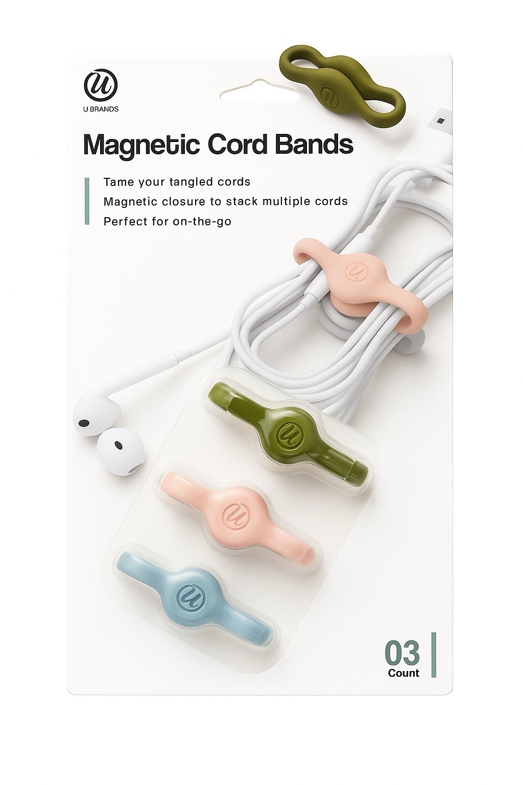 U Brands Magnetic Cord Bands 3 Count Flexible Silicone Cable Organizer