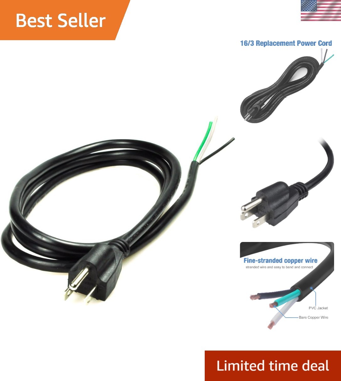 6ft 16 Gauge 3 Prong Heavy Duty Replacement Power Supply Cord Cable 110V 115V...