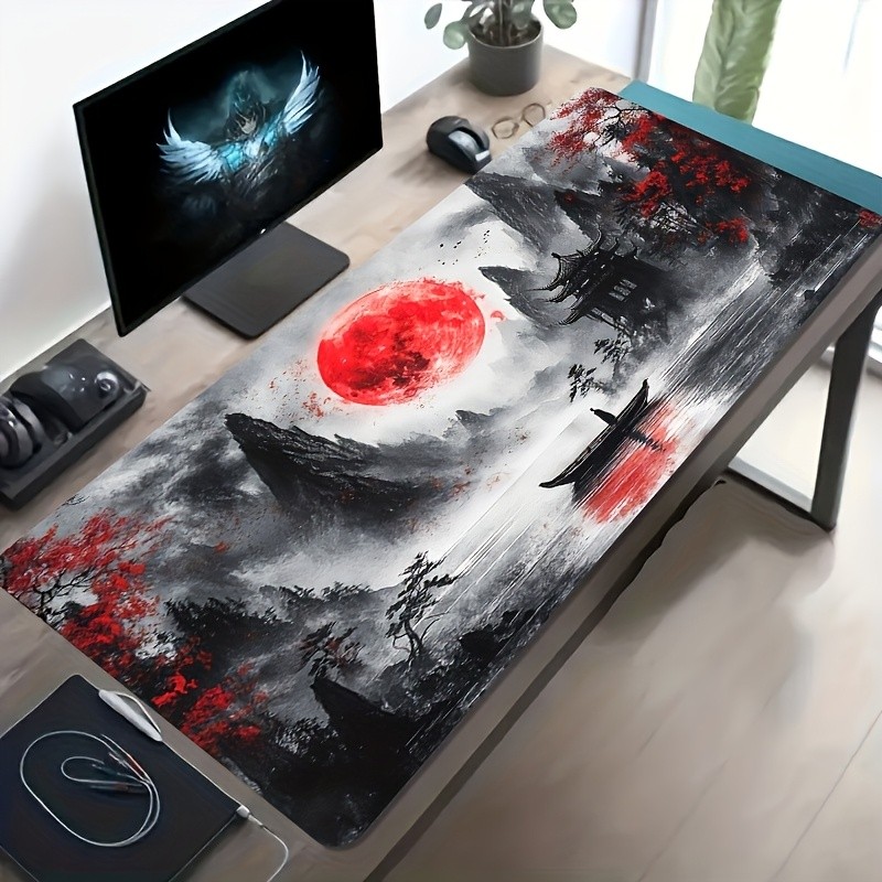 1pc Large Size E-Sports Gaming Mouse Pad, Red Landscape Ancient Style Ink Pain