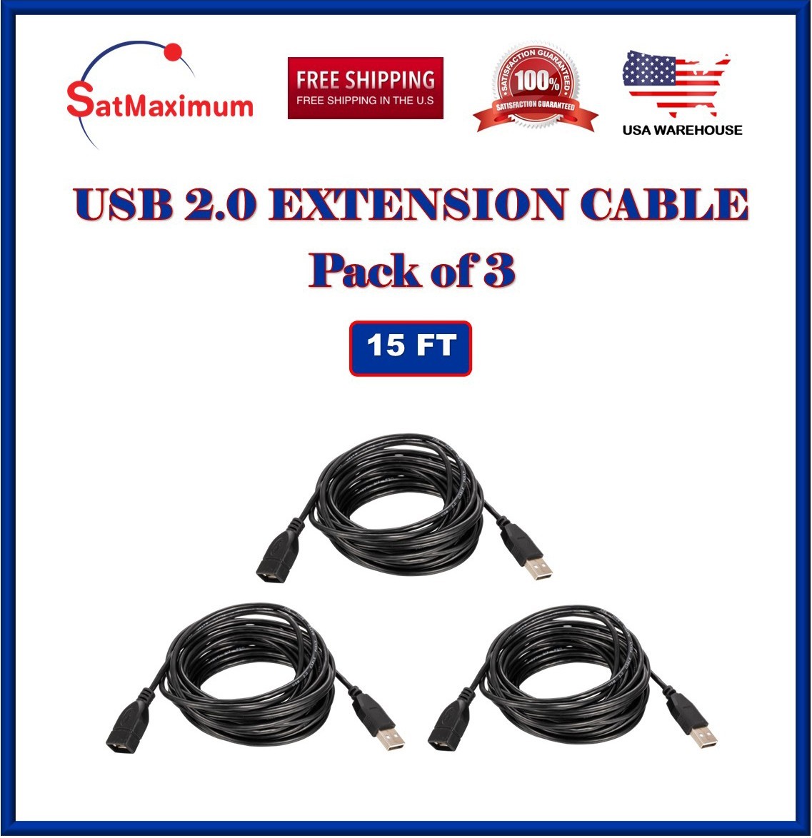 3-Pack – 15FT USB 2.0 Extension Cable A Male to A Female –High-Speed Cord Black