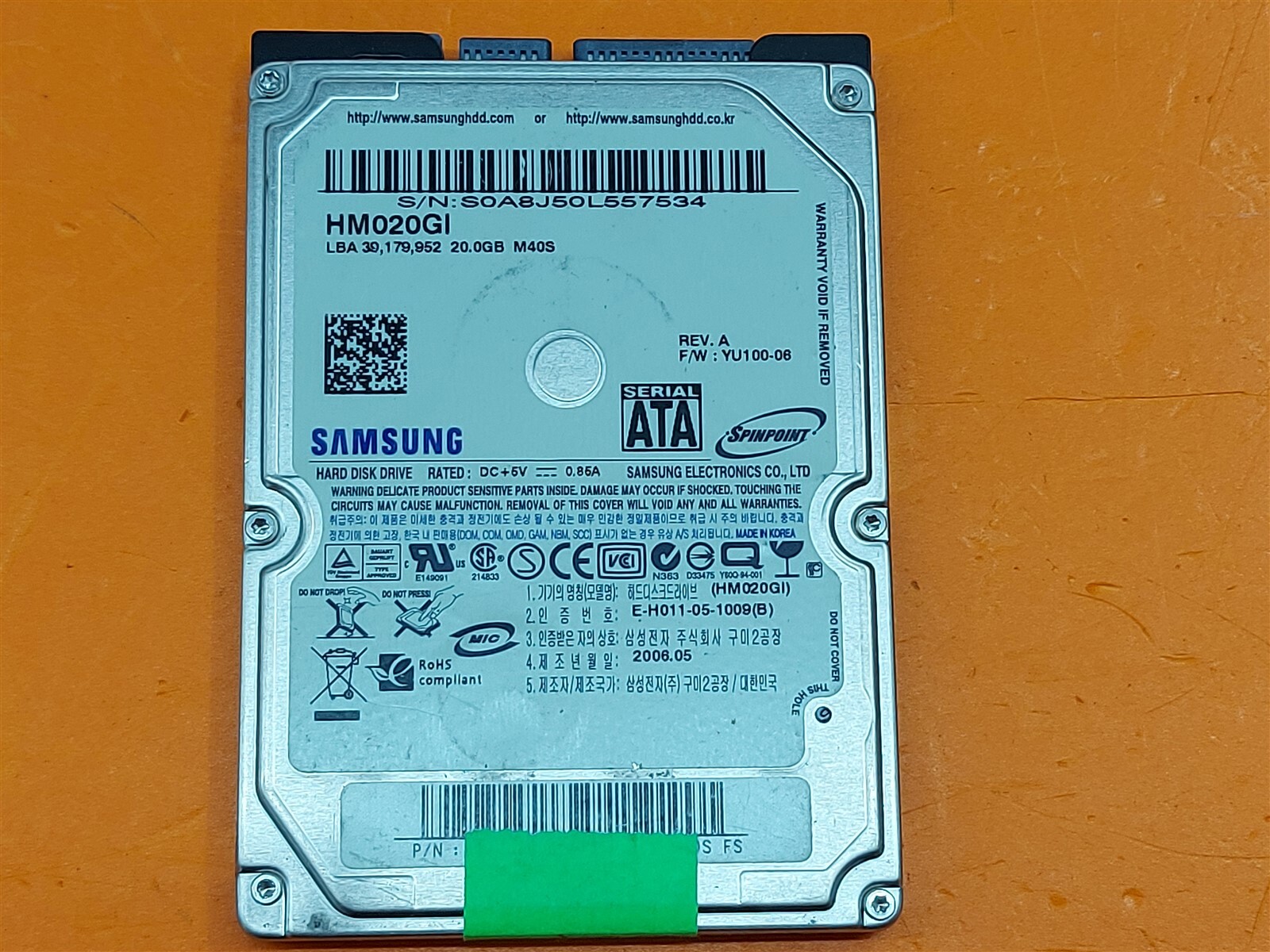 ⭐️⭐️⭐️⭐️⭐️ HDD Hard Drive SATA Laptop 2.5" Samsung HM020GI FW: YU100-06 20GB