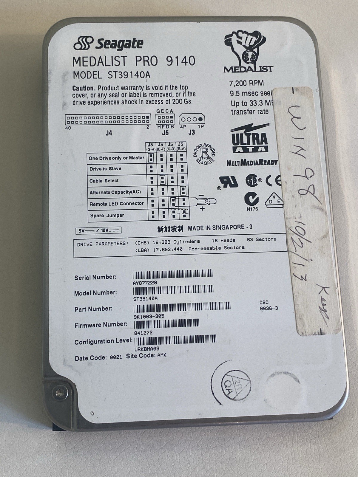 IDE Seagate Medalist Pro 9140 ST39140A UltraATA 7200RPM Win 98'
