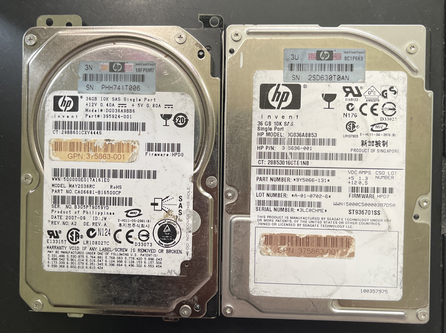 Lot Of 2HP 36GB 10K DG036A9BB6 395924-001 gpn: 375863-001 MAY 2036RC,DG036A8853