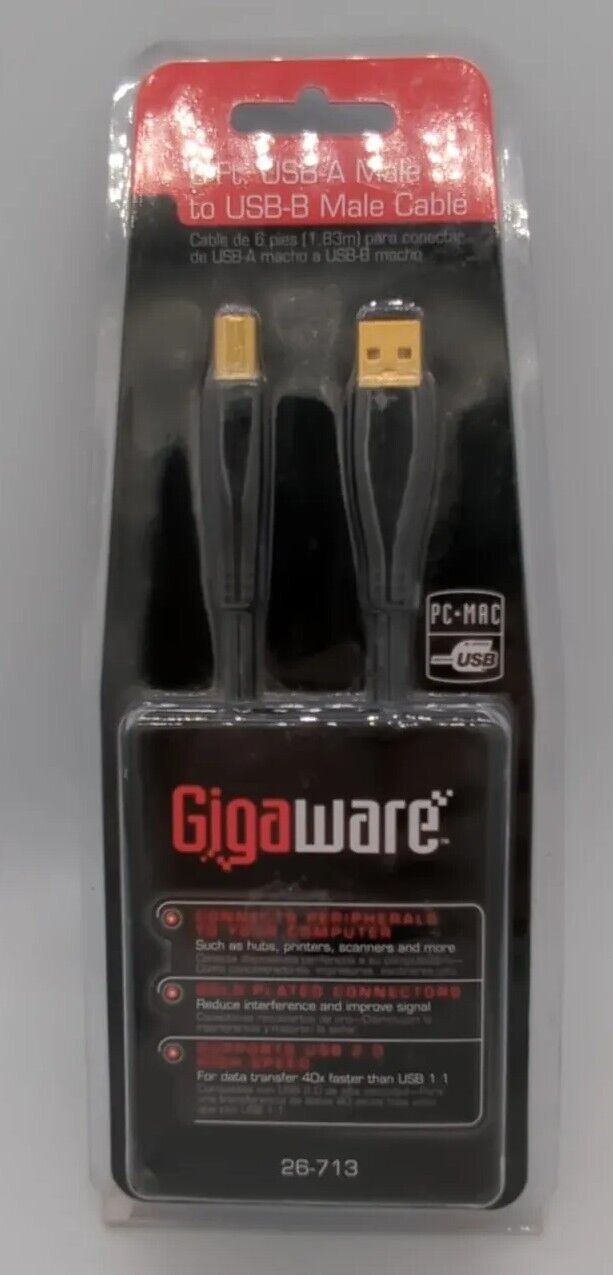 Gigaware 26-713 6-Ft USB A Male To USB-B Male Cable *New & *