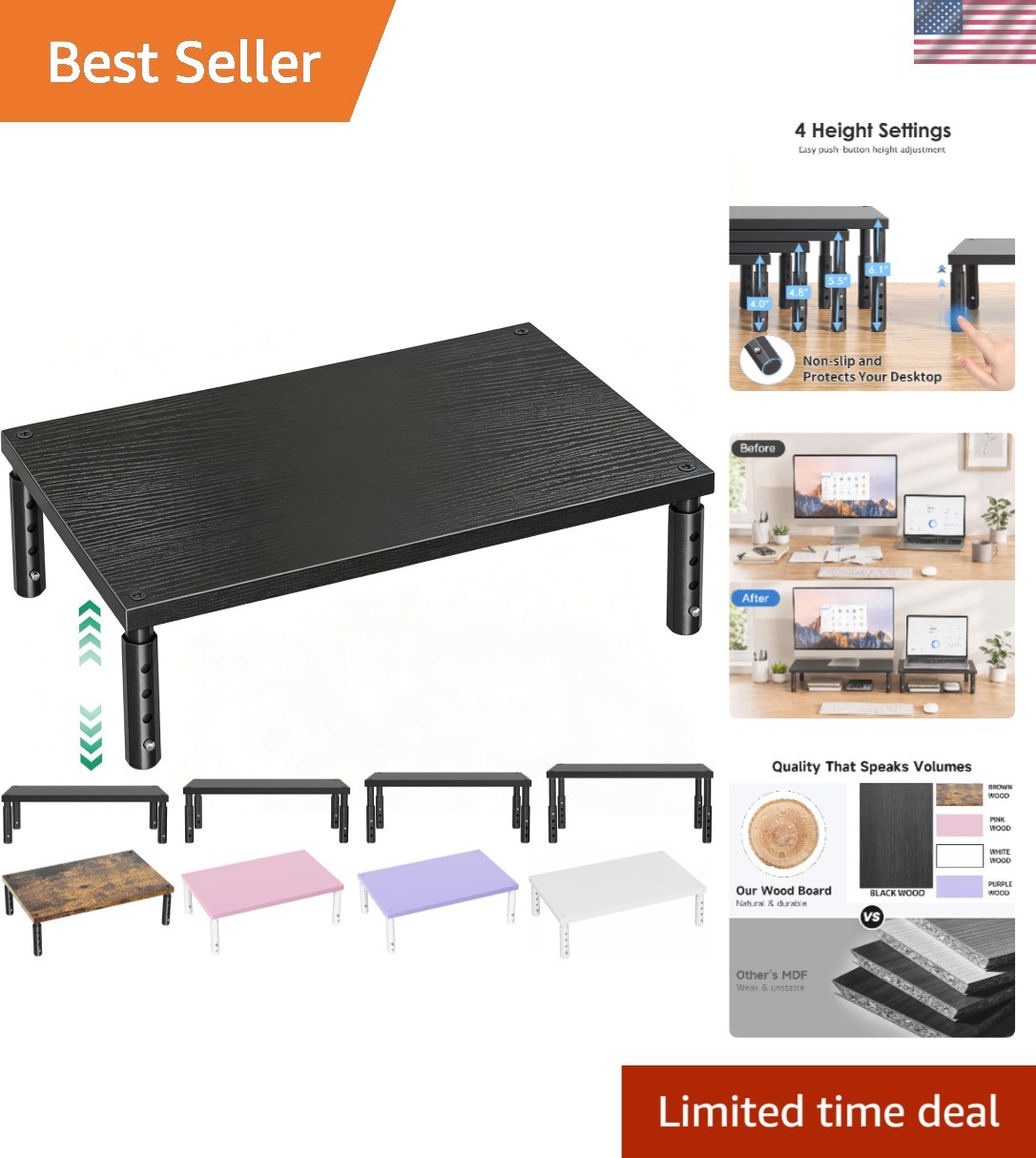 Elegant Black Wood Adjustable Monitor Riser for Ergonomic Workspace Solutions