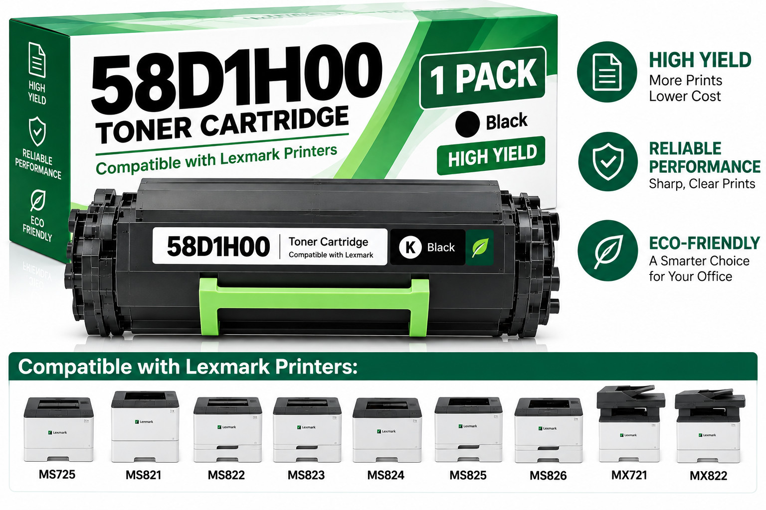 58D1H00 High Yield Black Toner for Lexmark MS725 MS821 MS822 MS823 MS824 1PK