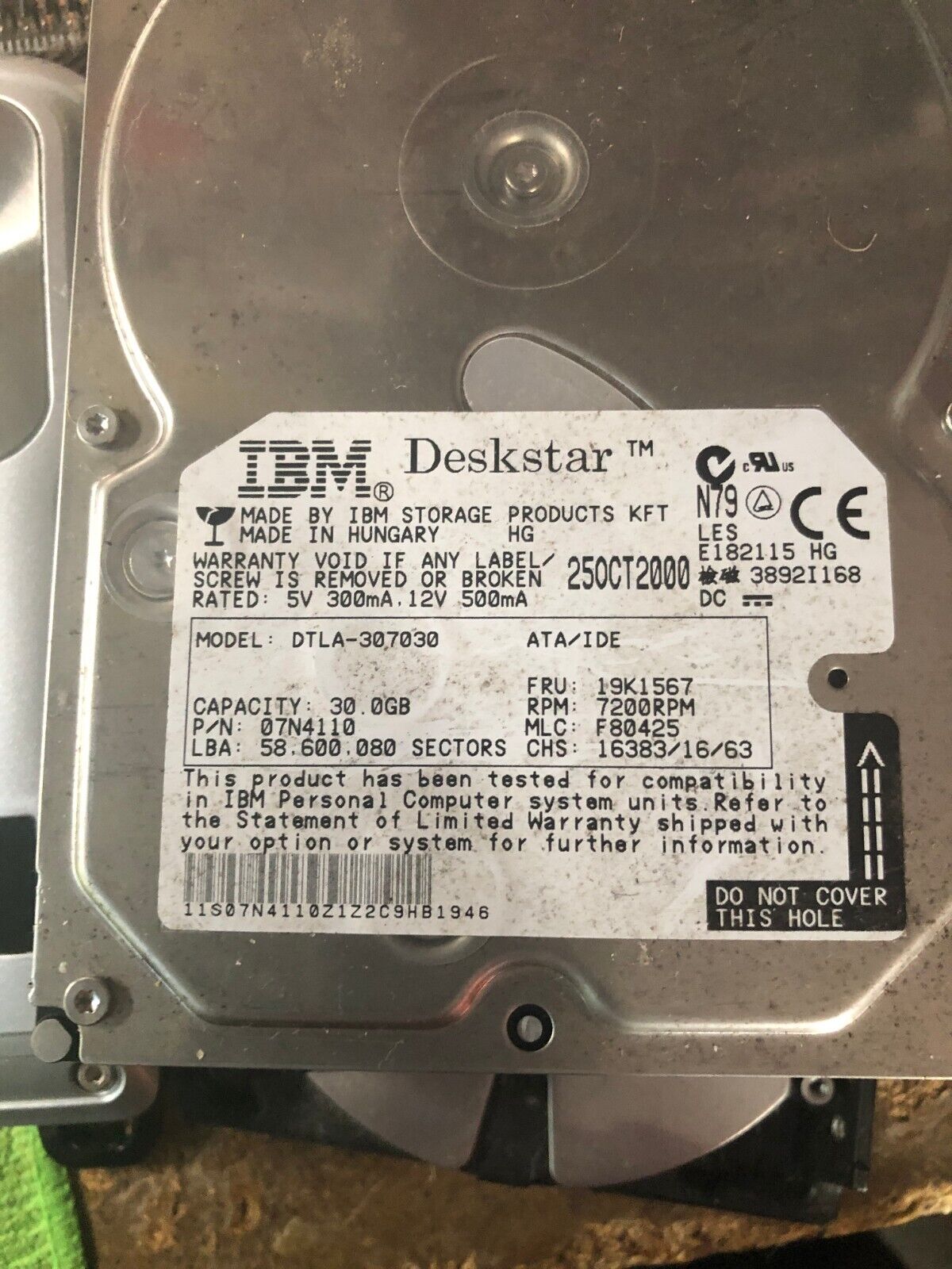 IBM DESKSTAR 30GB 7200 RPM ATA/IDE    IBM PN 07N6913 FRU 19K1567
