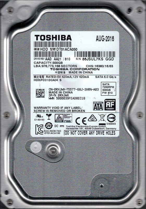 DT01ACA050 AAD AA21/810 HDKPC01D0A04 Toshiba 500GB