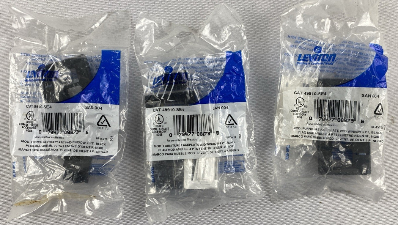 Lot of 3 Leviton 49910-SE4 QuickPort Modular Furniture Faceplate 4-Port Black