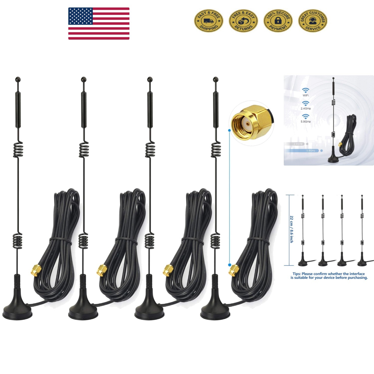 Versatile 4-Pack 9dBi Dual Band RF SMA Antennas - Ideal for Security  Cameras