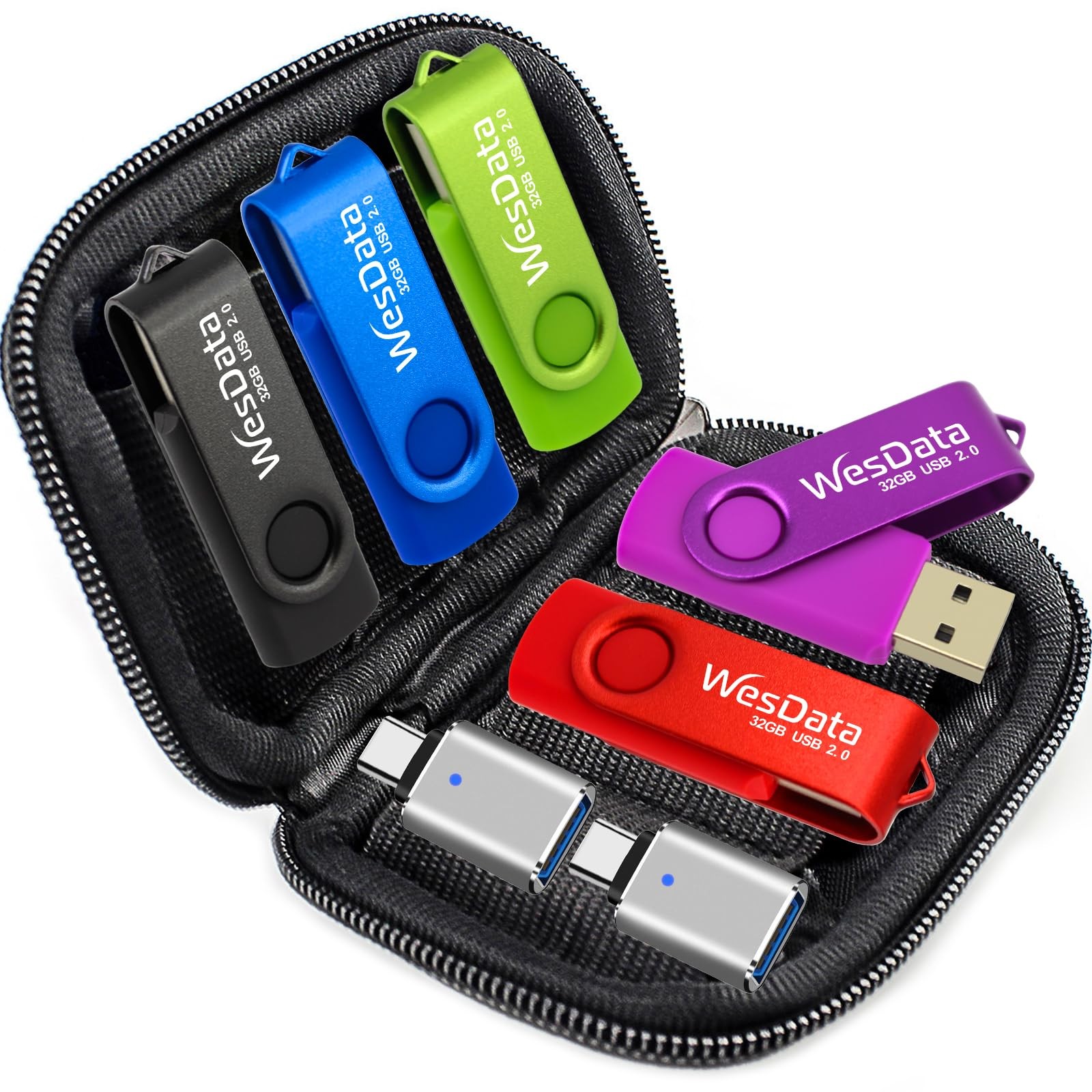 5 Pack 64GB USB Flash Drive and 2 Pack USB C Adapters in a Case, Thumb Drives...