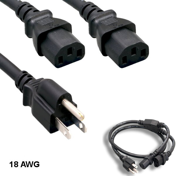 10x 10ft Black Power Splitter Cord NEMA5-15P to 2x IEC-60320 C13 18AWG 10A/125V