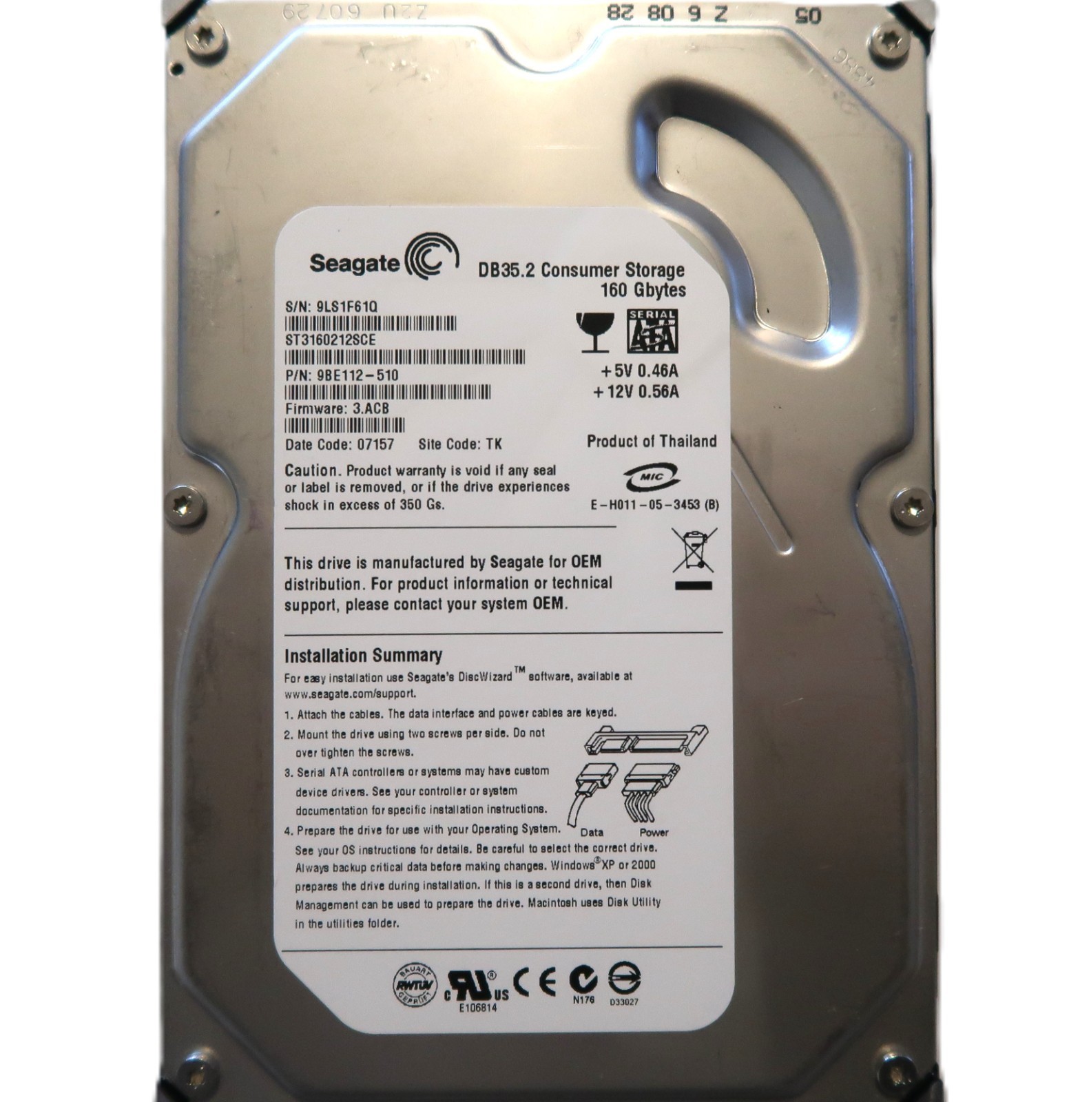 Seagate ST3160212SCE 9BE112-510 3.ACB (9LS) TK Thailand 3.5" 160gb Sata OCT/2006