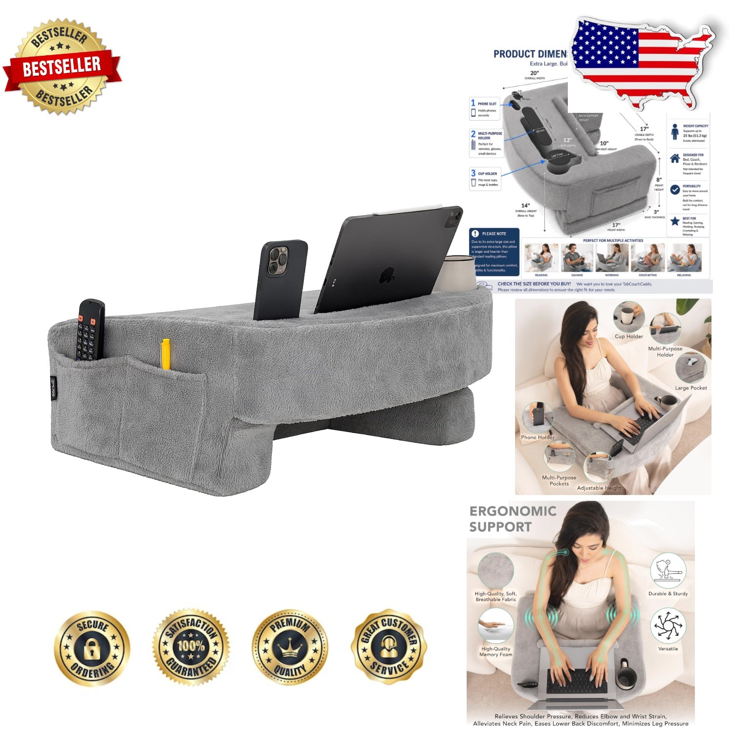 Extra Large Reading Pillow Lap Desk, Ergonomic Memory Foam Arm Rest, Cup/Phon...