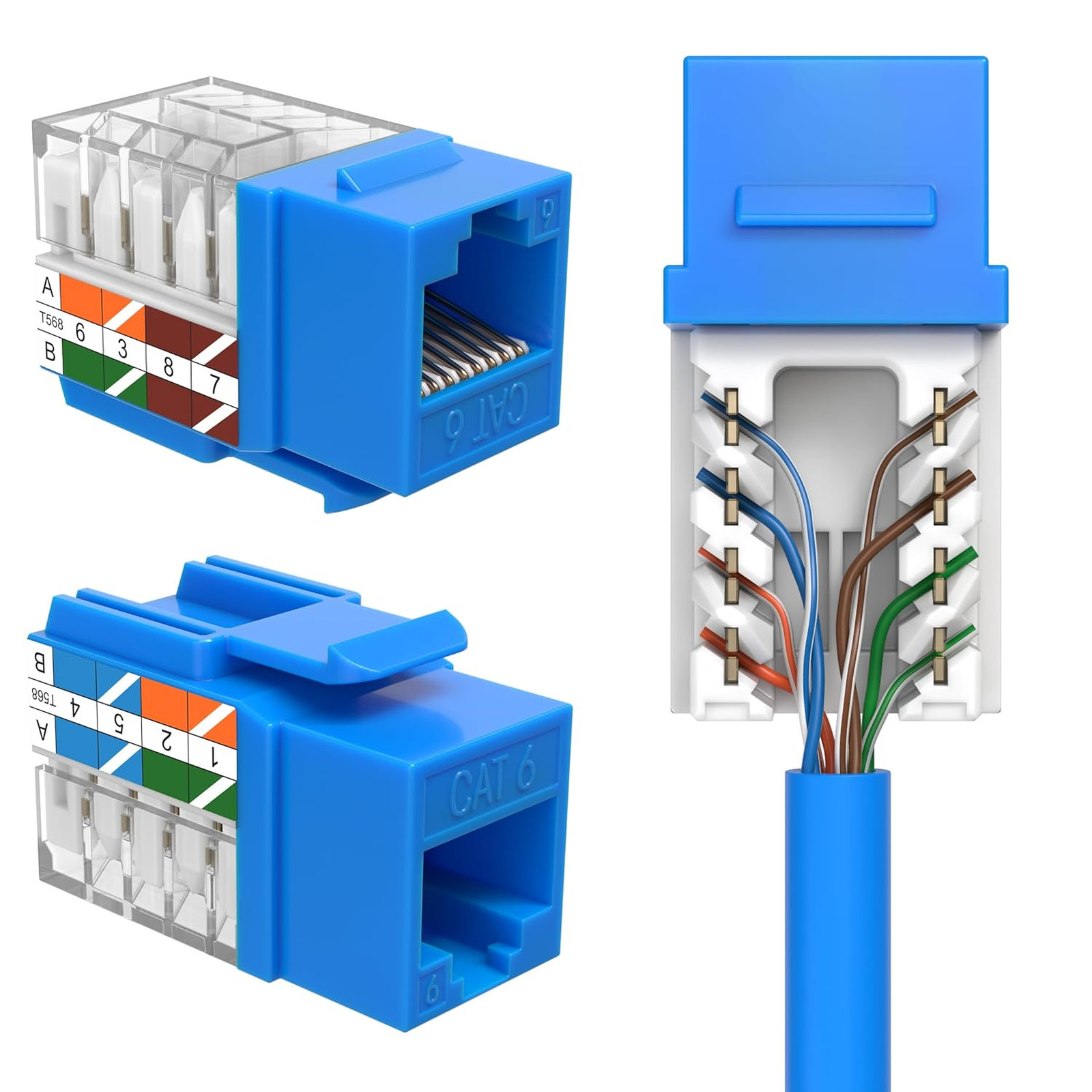 Cat6 Keystone Ethernet Wall Jacks 45 Degree Blue 5 Pack Supports Up to 10Gbps