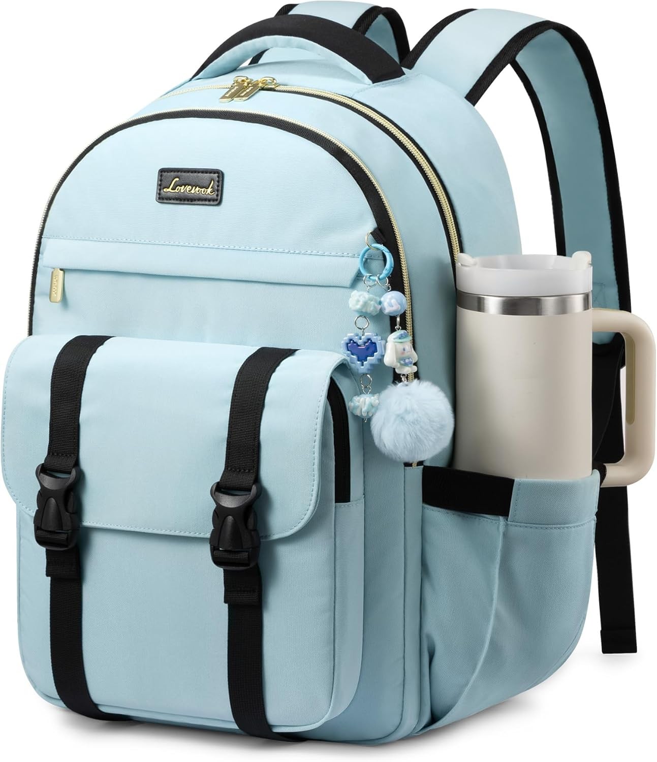 LOVEVOOK Blue Teen Laptop Backpack 15.6", Large Tumbler Pocket for School/Girls