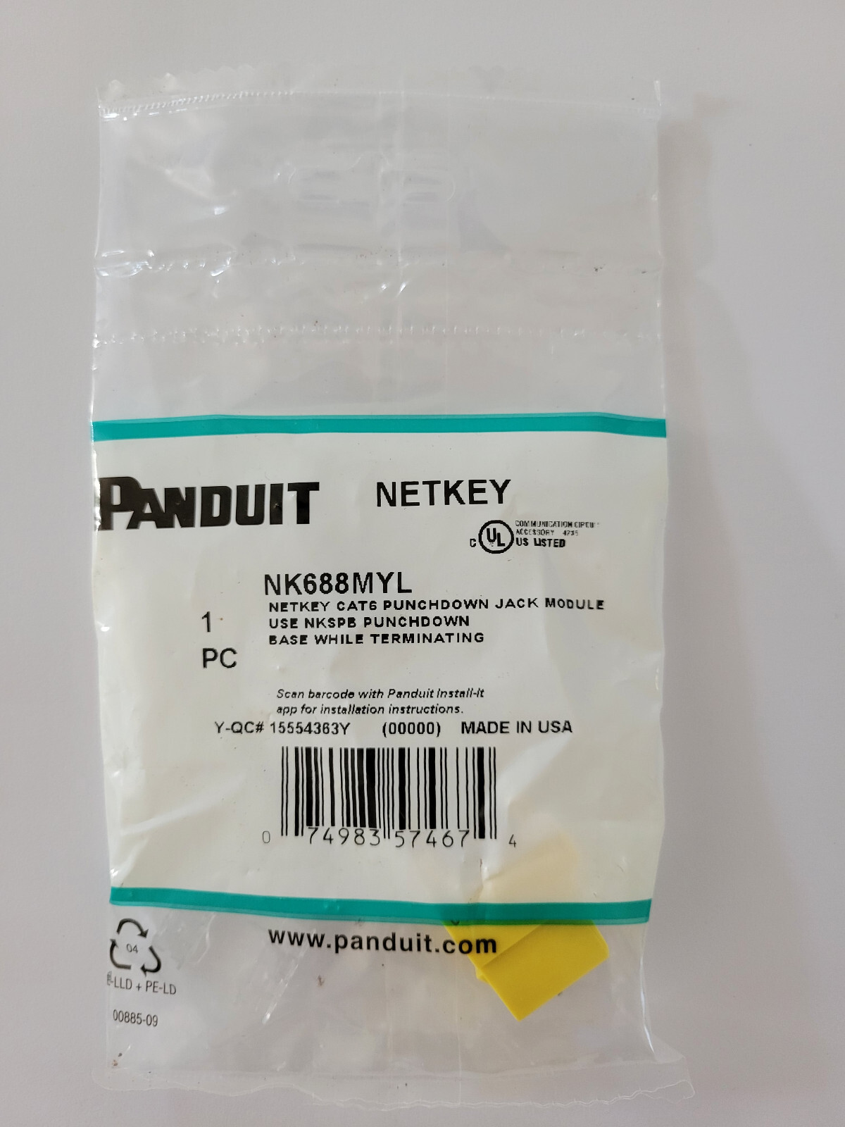 Panduit NK688MYL Netkey CAT6 RJ45 8-position 8-wire Jack Module, Yellow A12