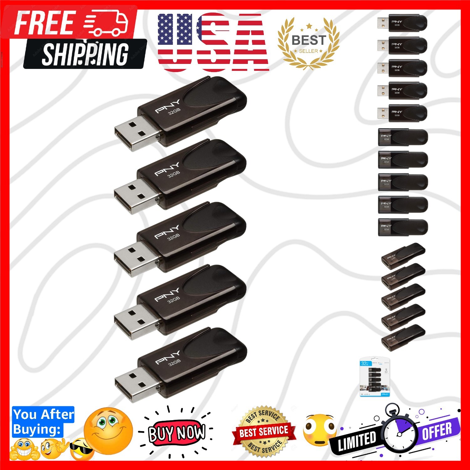 32GB Attaché 4 USB 2.0 Flash Drive, Black, Pack of 5