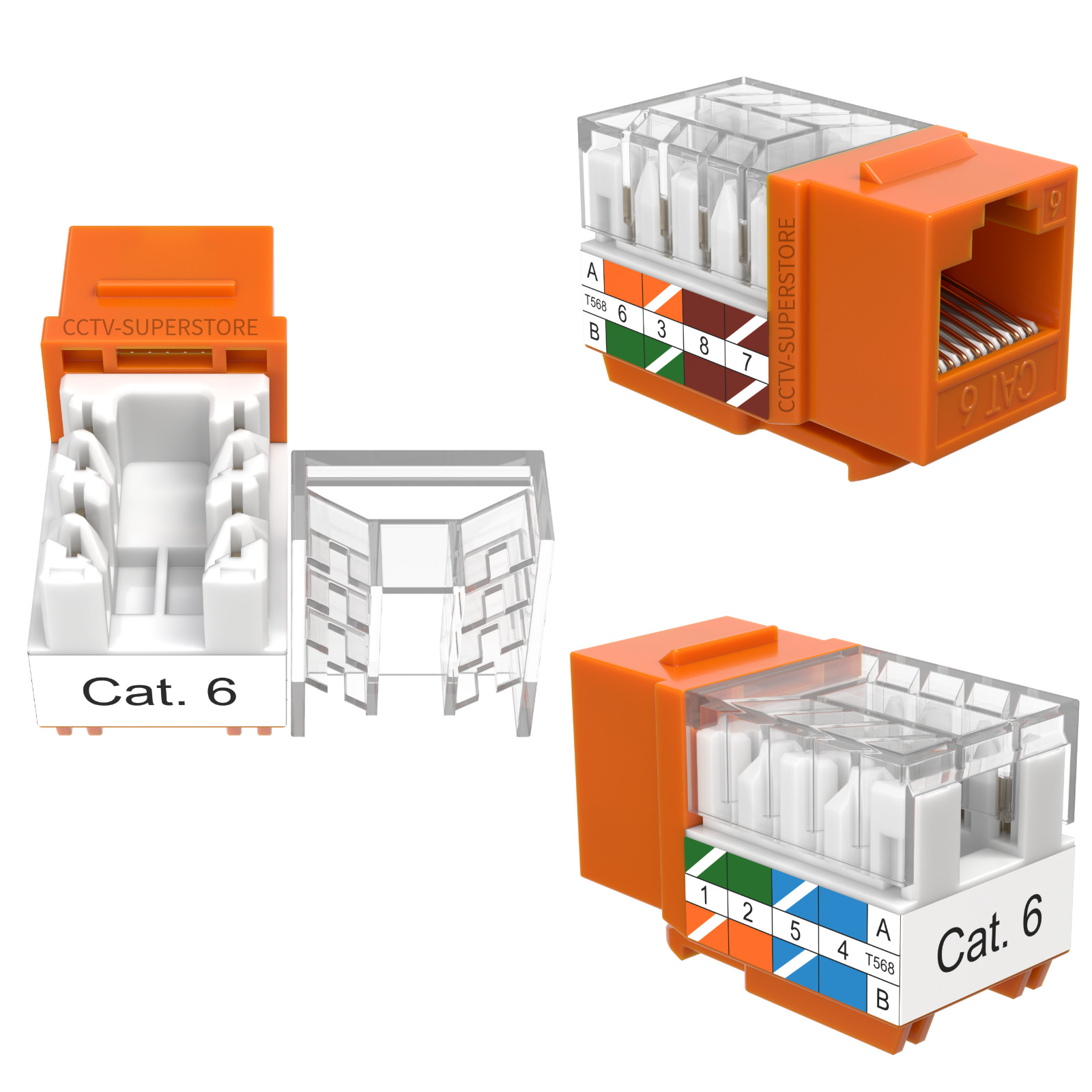 Orange Cat6 Keystone Jack 45 Degree Angled Network RJ45 110 Punch down Lan Lot
