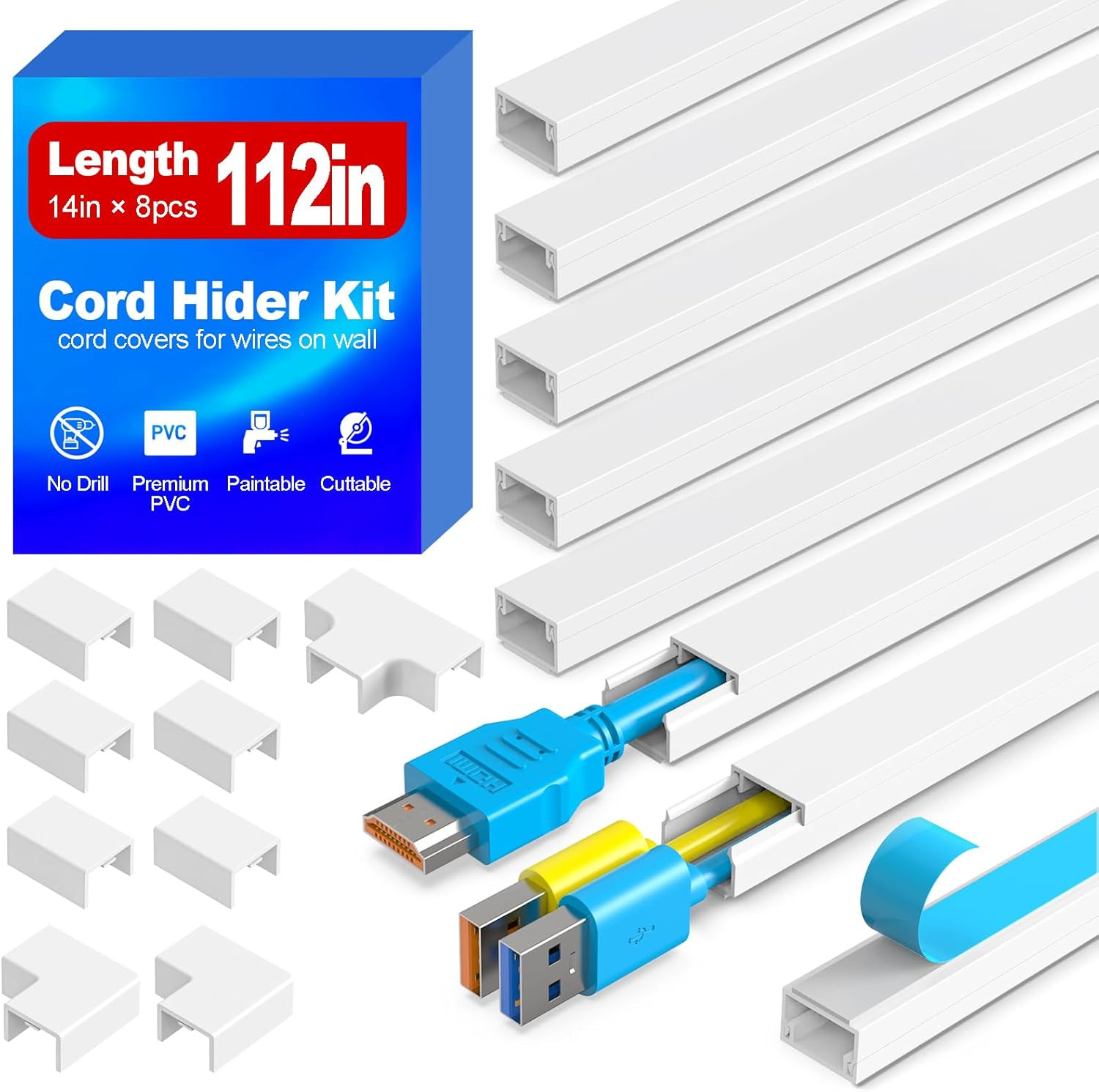112in Cord Hider Kit, Cord Covers for Wires on Wall, Premium One-Cord Cable Hide