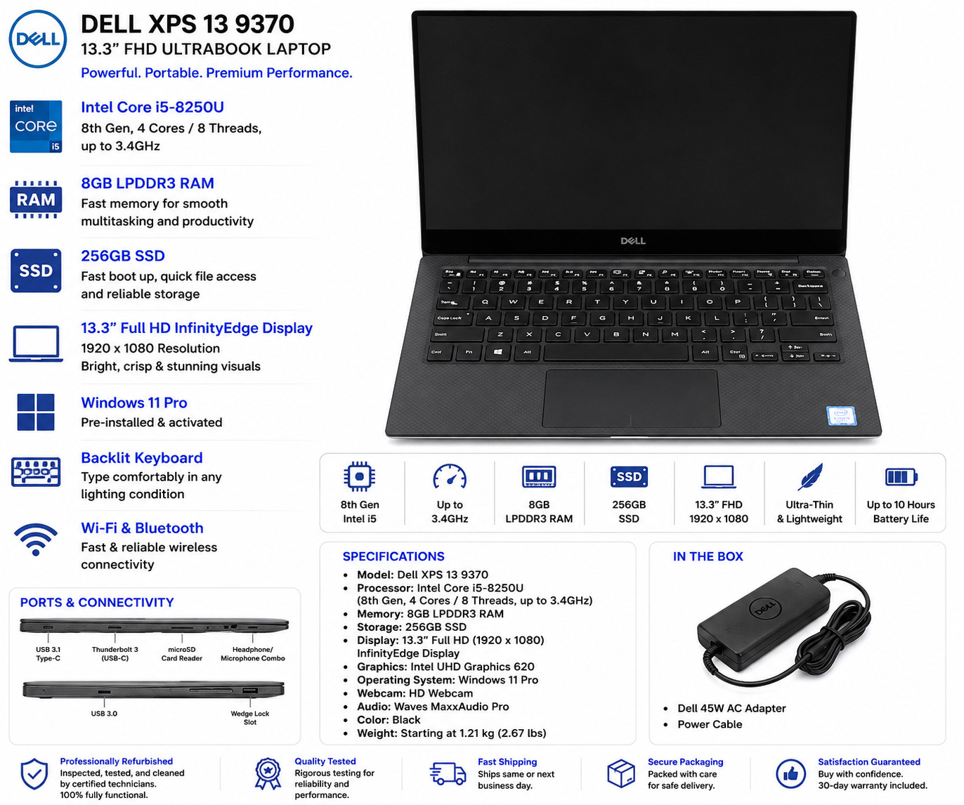 💻 Dell XPS 13 9370 13.3” Laptop Intel i5-8250U 8GB RAM 256GB SSD Windows 11 Pro