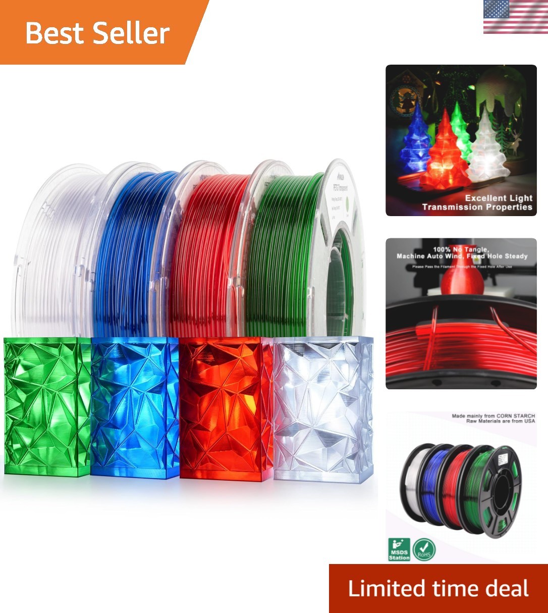 Versatile 4-Pack PETG Filament 1.75mm - Vibrant Colors with Light Transmission