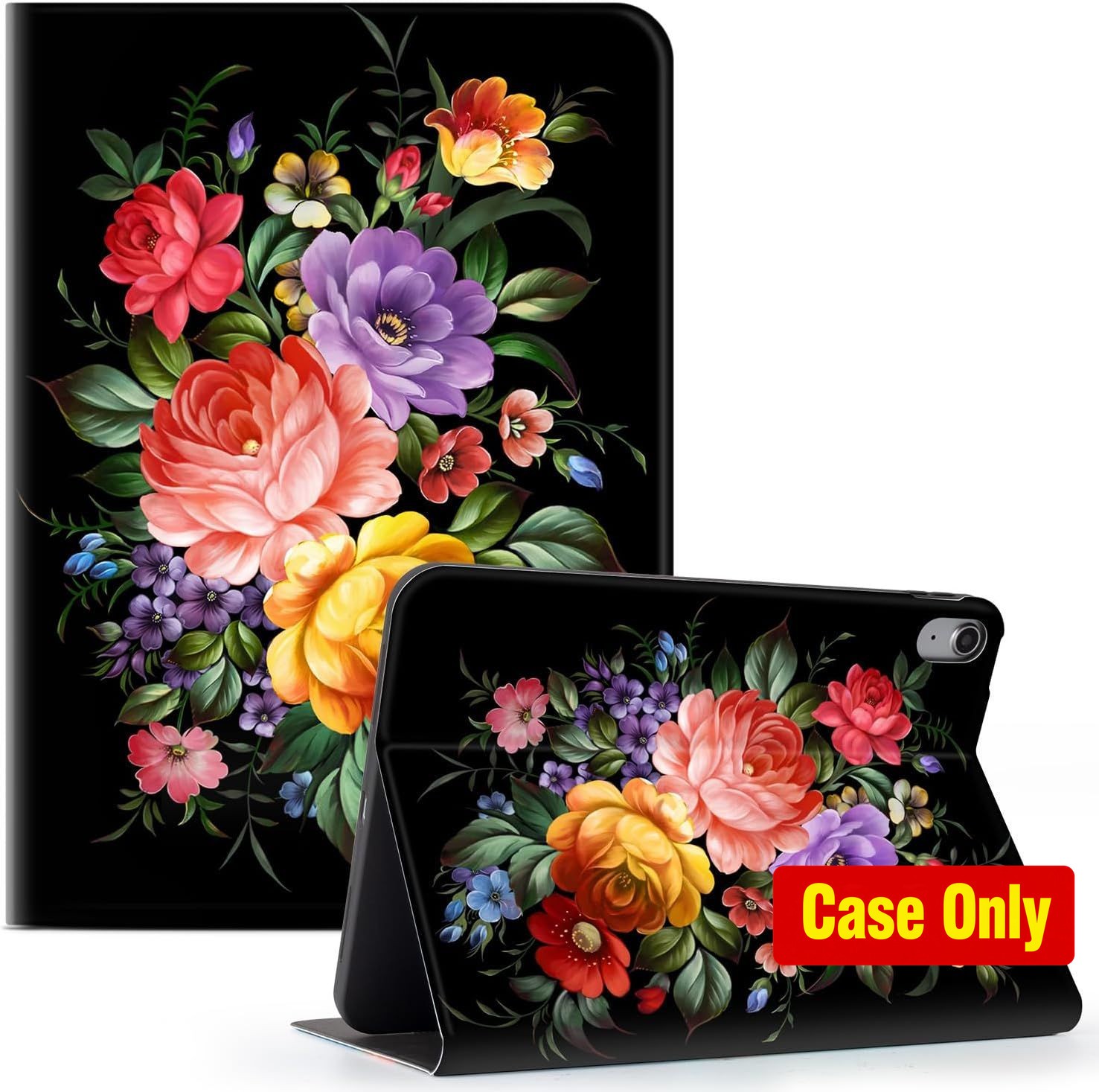 Case for iPad 11th Gen, iPad 10th Gen - Black Floral Design, Shockproof