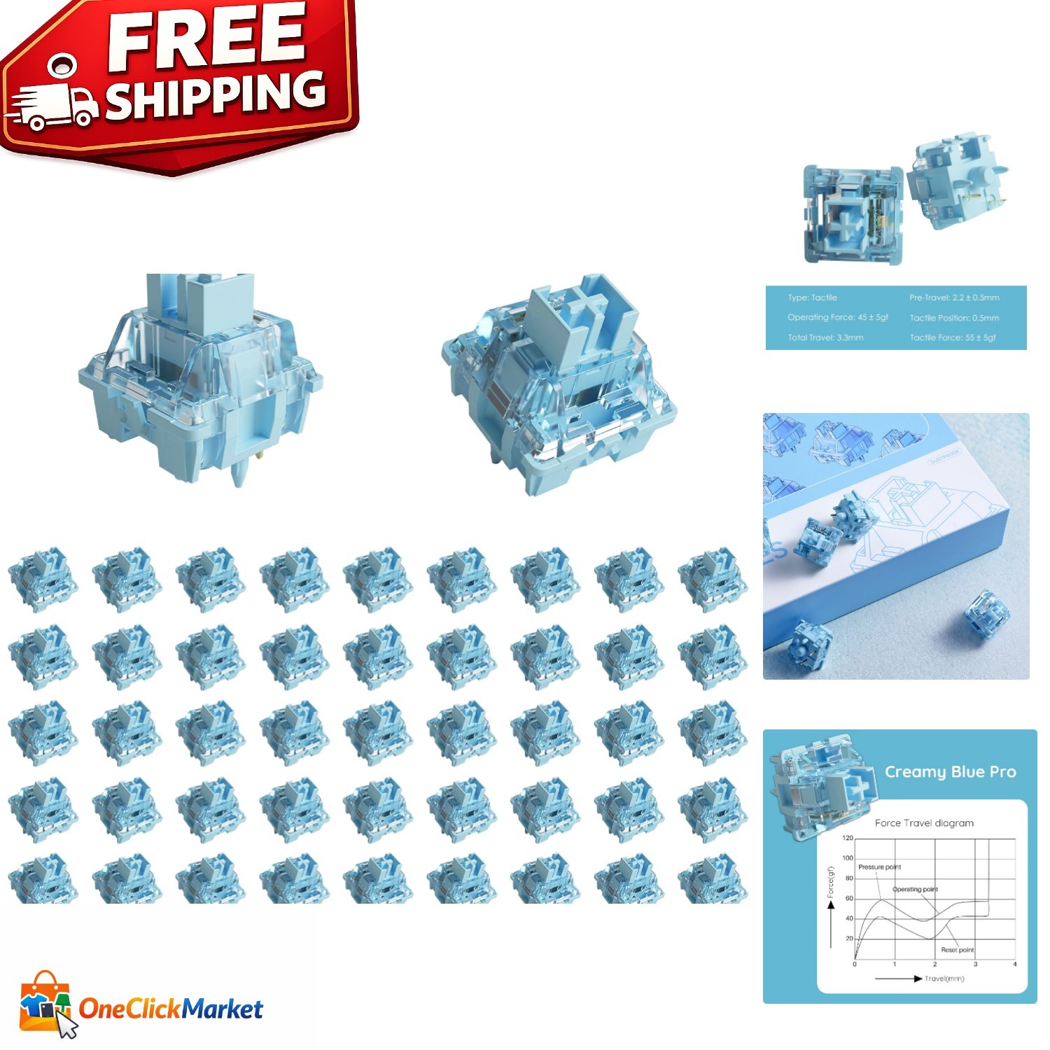 V3 Creamy Blue Mechanical Switches - 45 Pre Lubed, Dust & Water Resistant