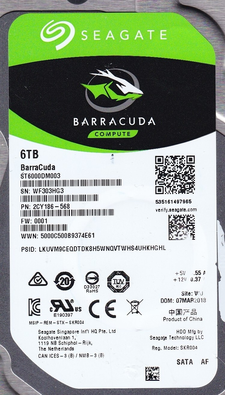 ST6000DM003 p/n: 2CY186-568 s/n: WF3 f/w: 0001 WU MAR 2018 6TB SATA 3.5" SEAGATE