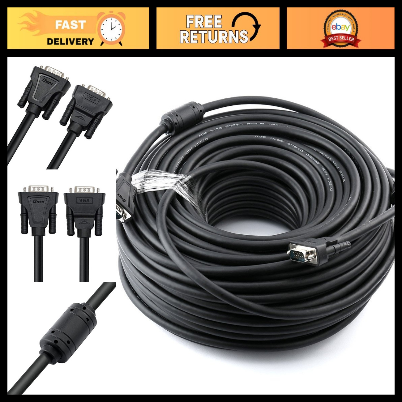 150ft VGA Cable Male to Male - Heavy Duty Computer Monitor Cord 1080p HD