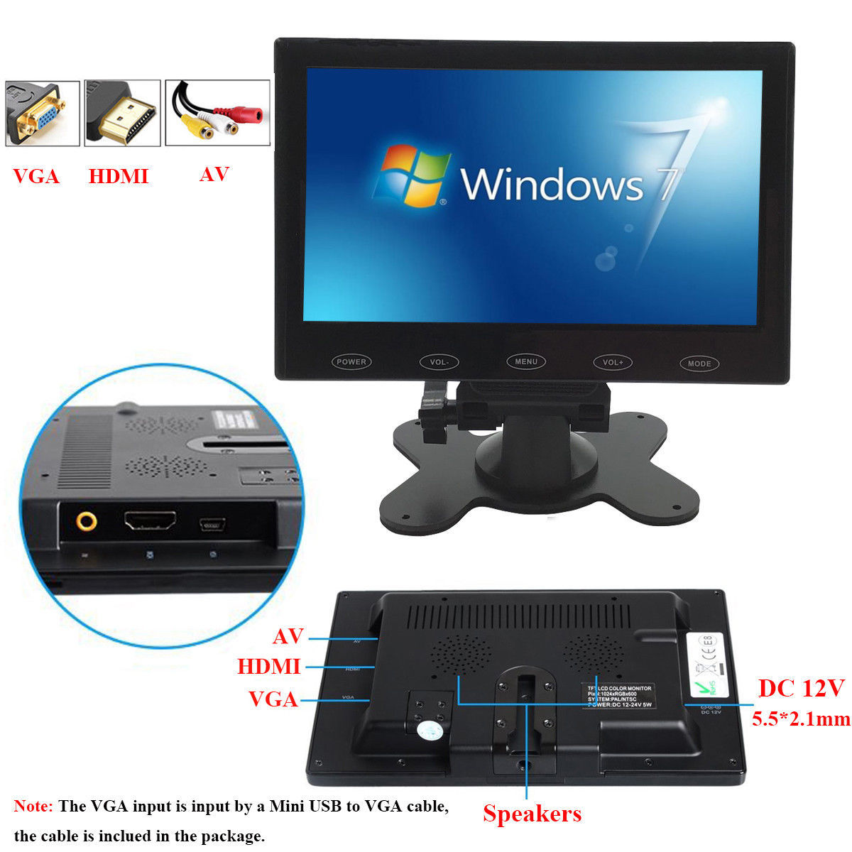 7'' Ultra Thin TFT LCD Color PC Monitor Audio Video HDMI VGA Input w/ Speaker
