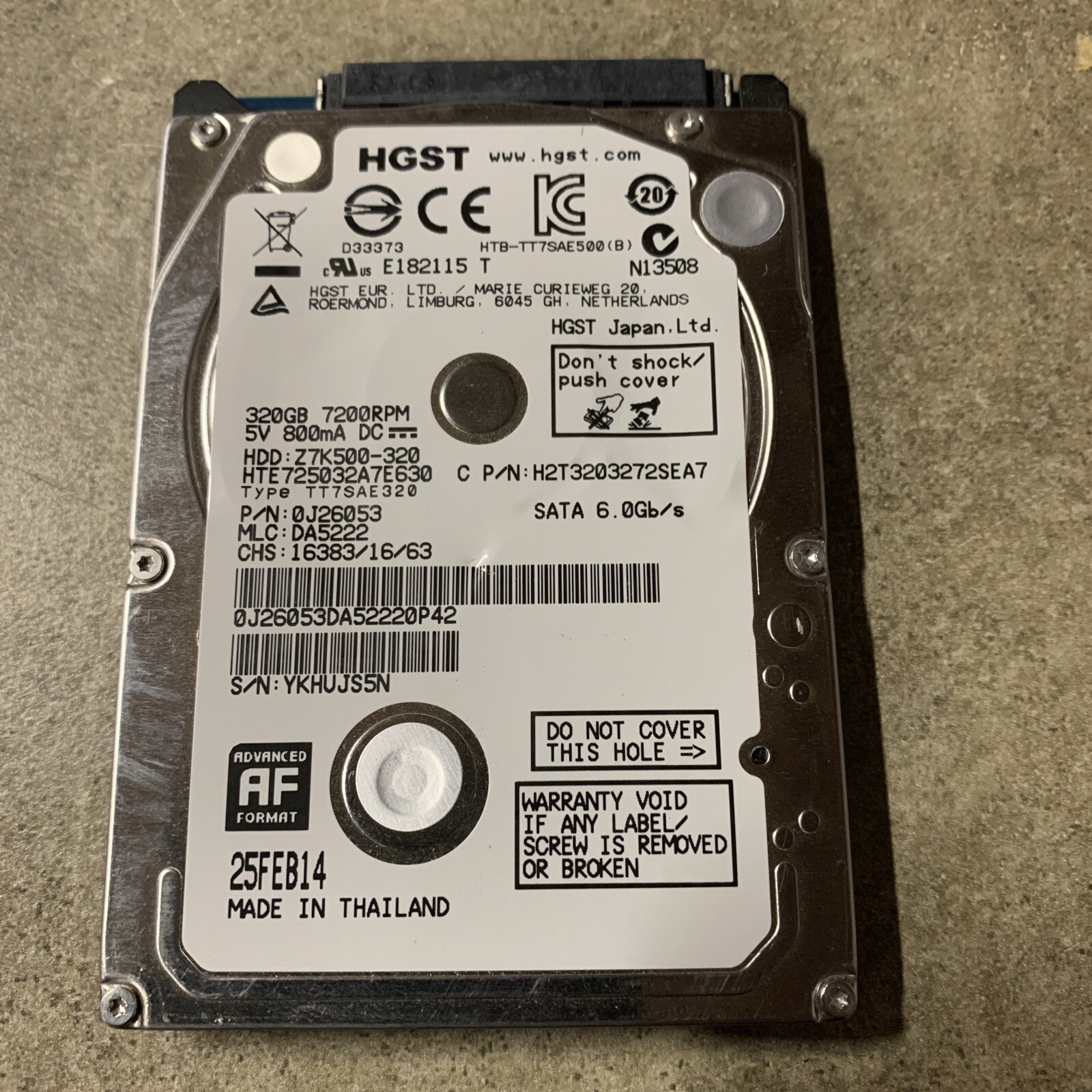 HTE725032A7E630 P/N: 0J26053 MLC: DA5222 Thailand HGST 320GB 6g Sata