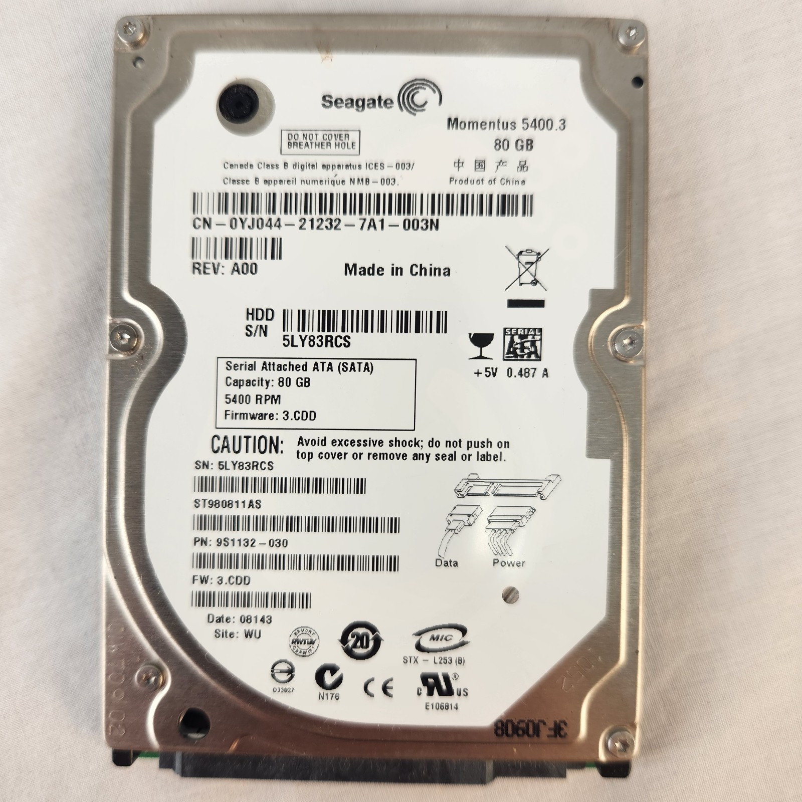 Seagate HDD 80GB SATA I 2.5 Momentus 5400.3 Laptop Hard Drive ST980811AS