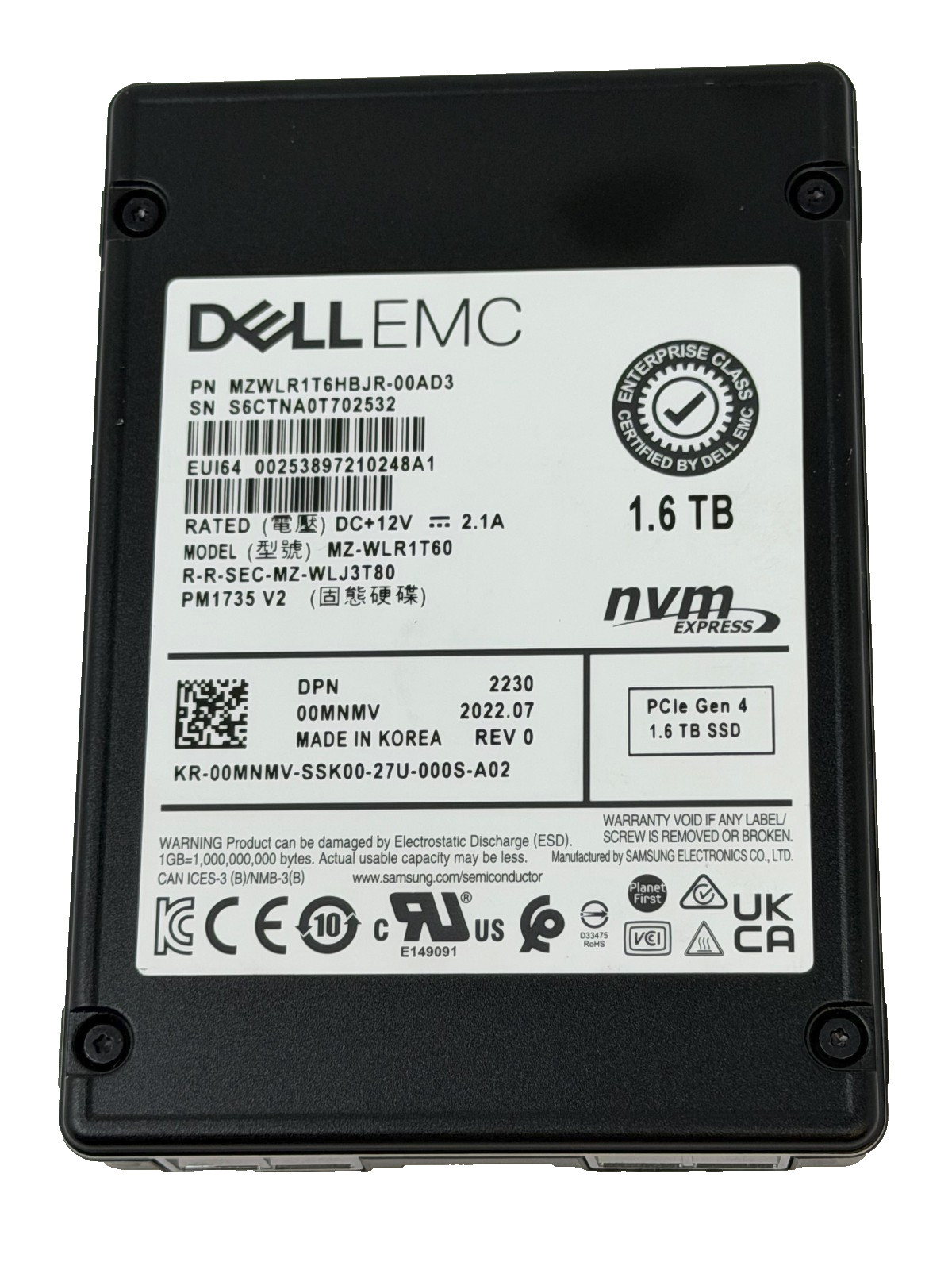 Dell 1.6TB PCIe Gen4 NVMe M2.5in SSD MZ-WLR1T60 0MNMV Grade A above 90%
