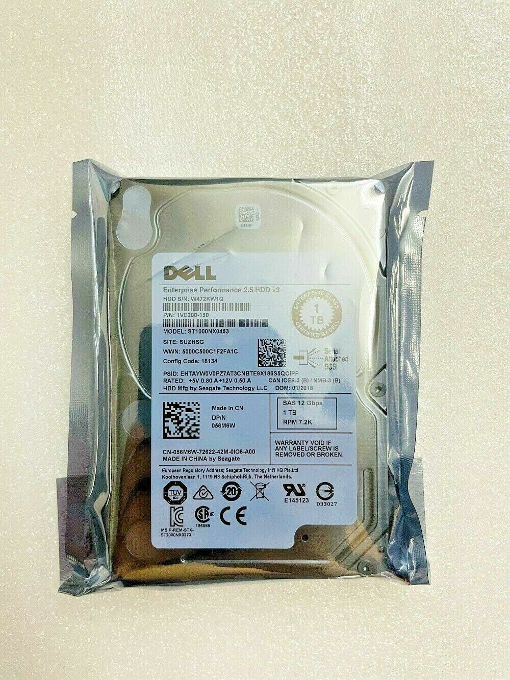 1PCS for DELL ST1000NX0453 1TB 7.2K 12G 2.5" SFF SAS HARD DRIVE 056M6W 56M6W HD