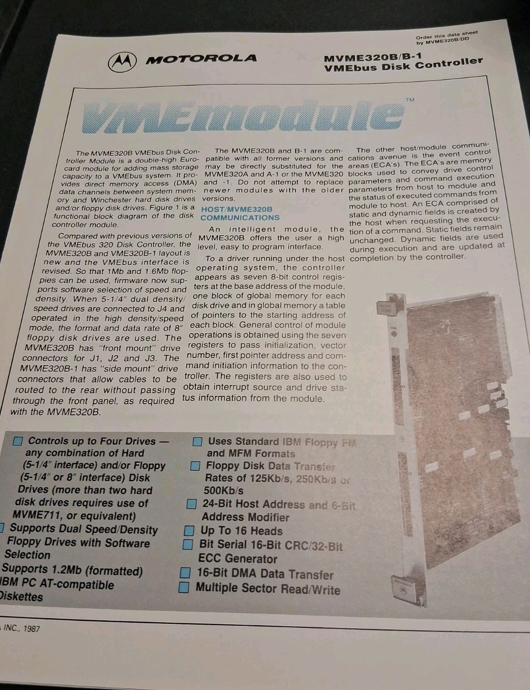 VINTAGE 1984 MOTOROLA BROCHURE MVMEbus 320B/B-1 DISC CONTROLLER