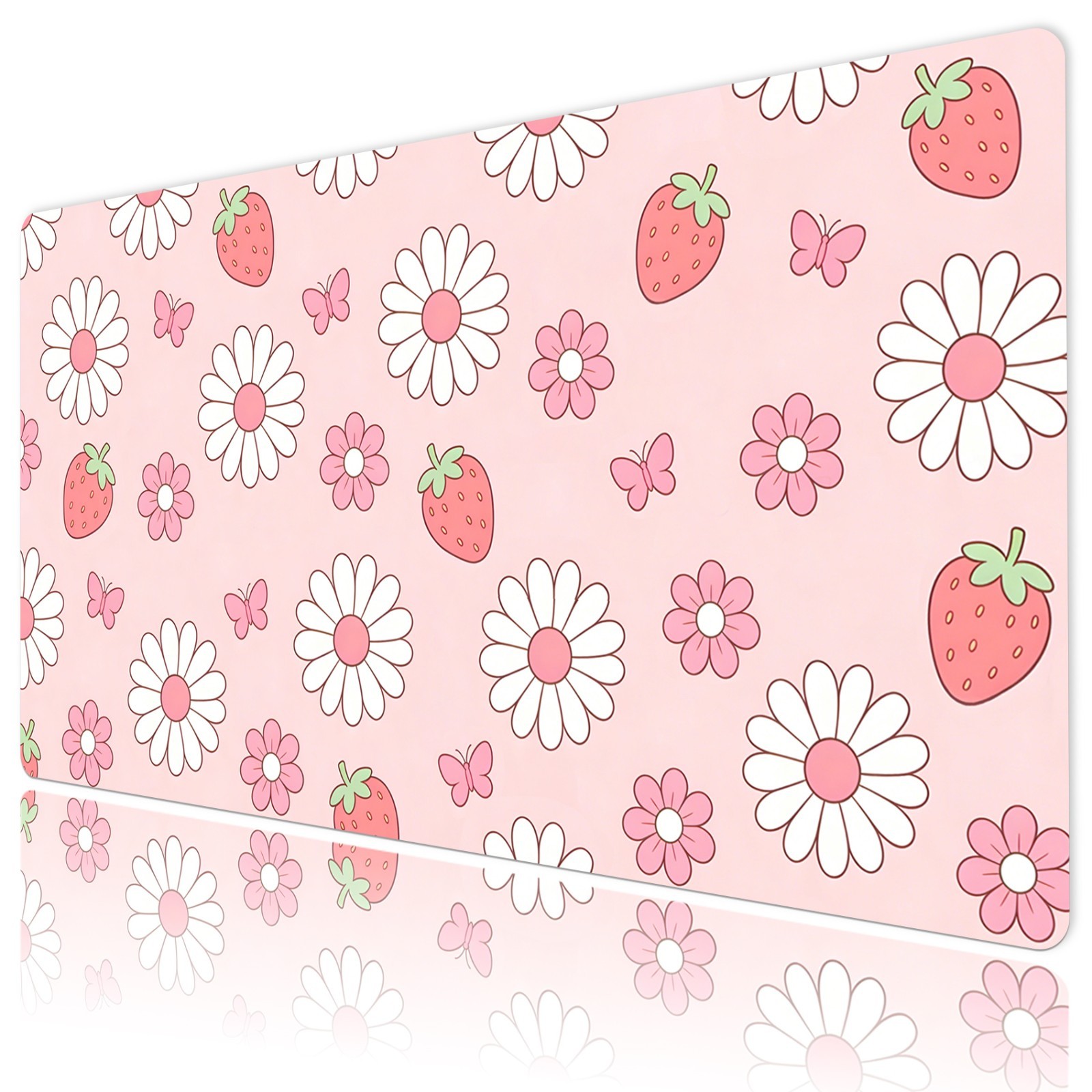 Fruit Strawberry Pastel Floral Pink Desk Mat for Keyboard and Mouse Desk Pad