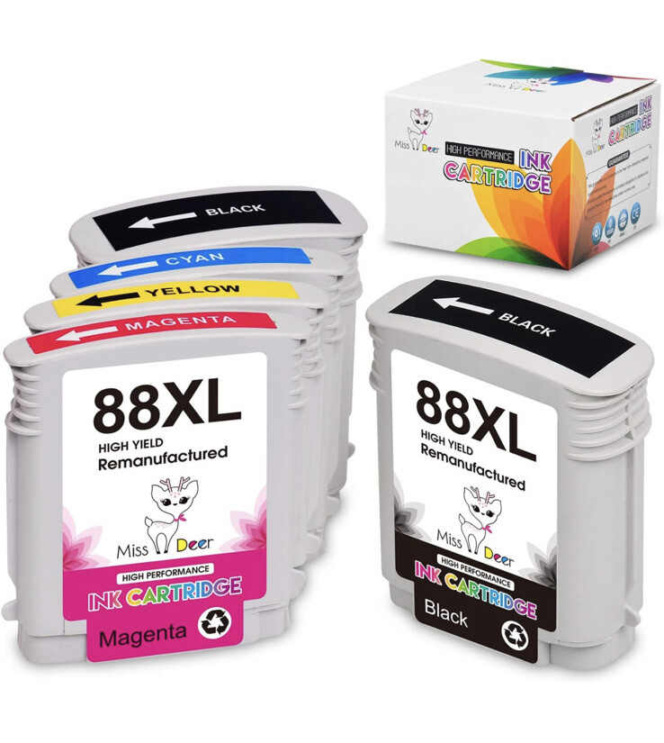 Miss Deer 88XL High Yield Compatible 5pc Ink Cartridge Replacement Set for HP