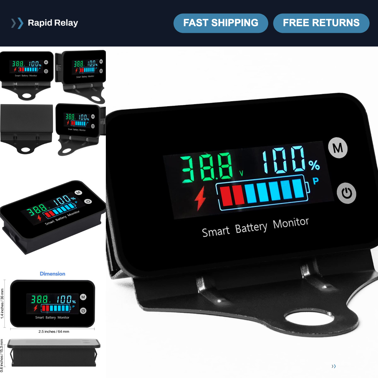 IPX7 Waterproof Battery Monitor 7-100V with Bracket, Temperature & Buzzer Alarm