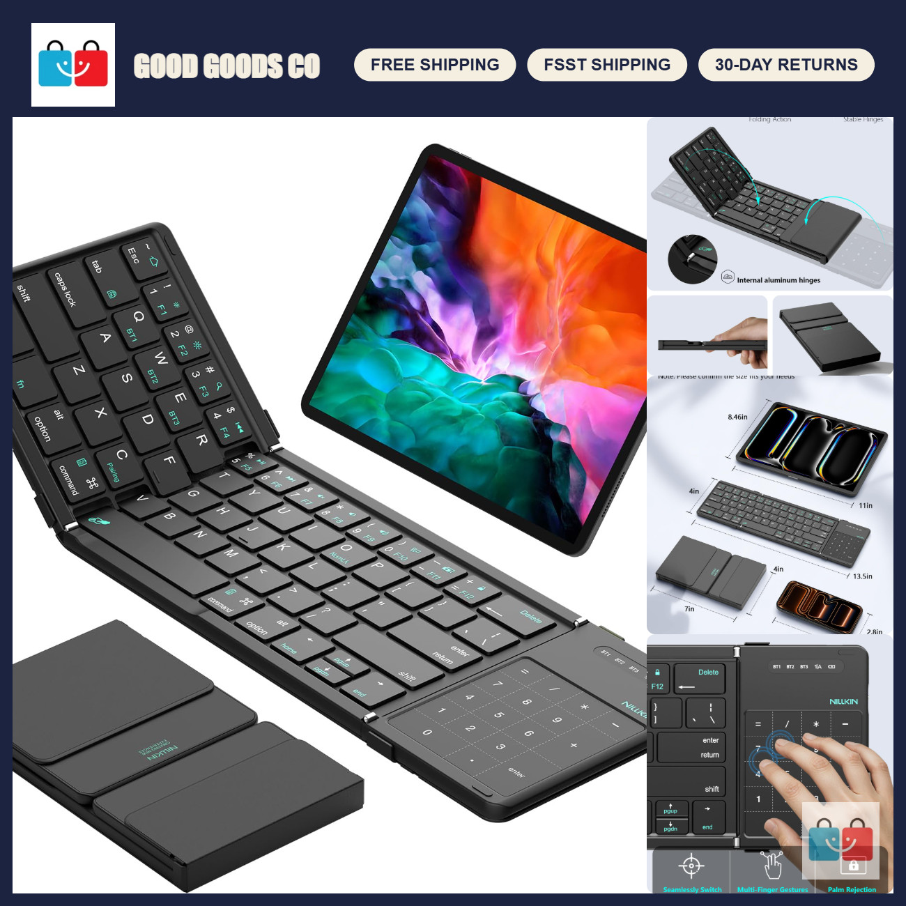 Portable Foldable Bluetooth Keyboard with Touchpad & Number Pad - Wireless Trave