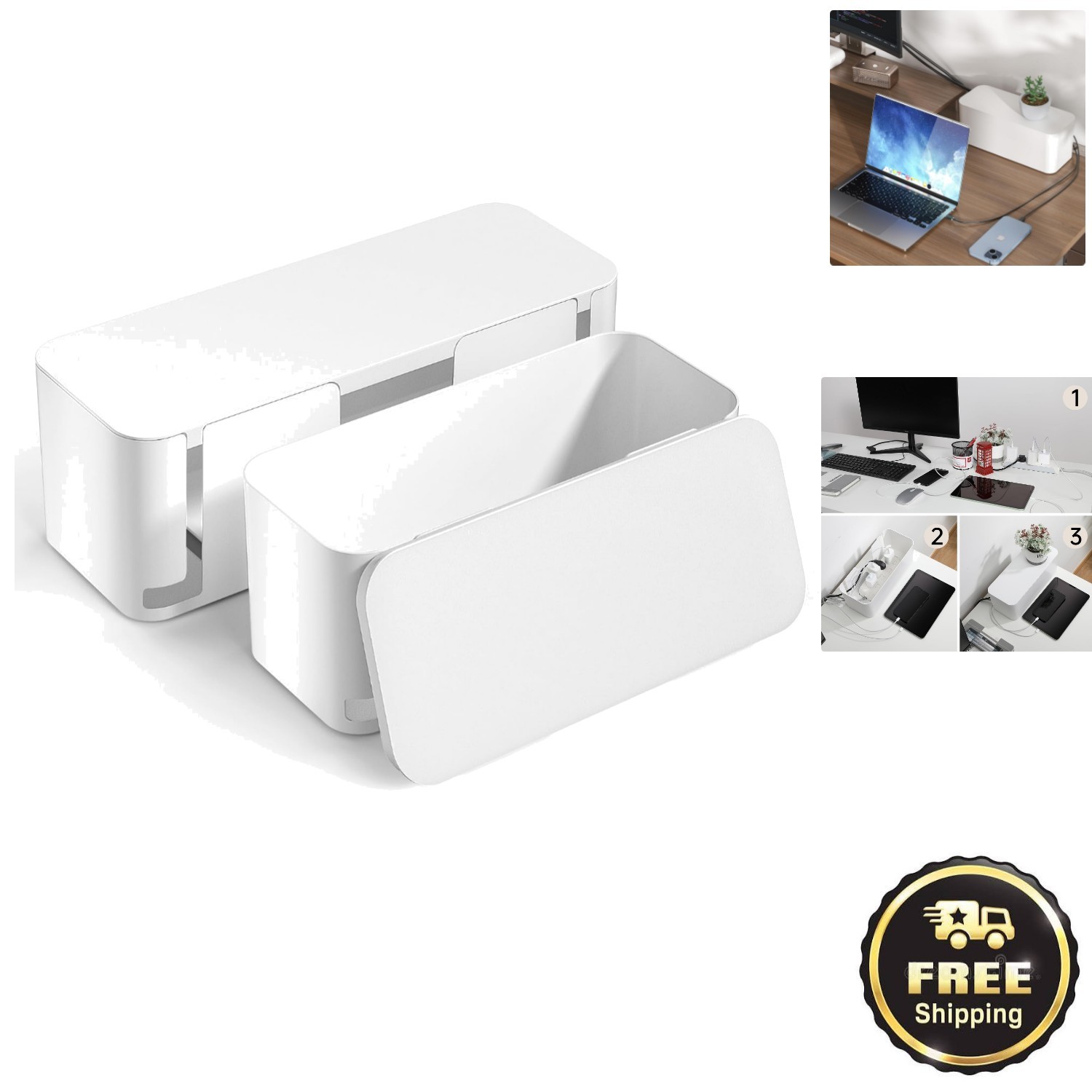 Sleek White Cable Management Box 2-Pack - Safe & Organized for All Spaces