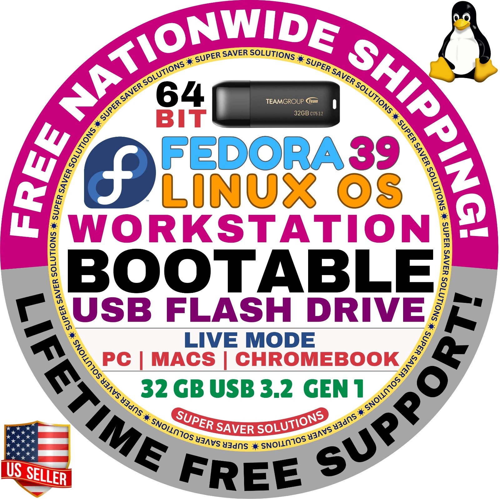 LINUX FEDORA 39 WORKSTATION BOOTABLE USB DRIVE |  64-BIT, Live Mode | MAC, PC
