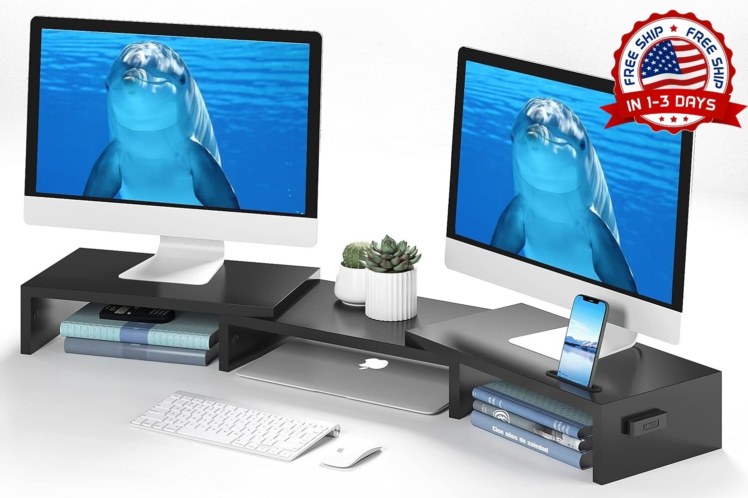 Elevador De Soporte Para Monitor Doble De Escritorio Multifuncional Con Cajón Us