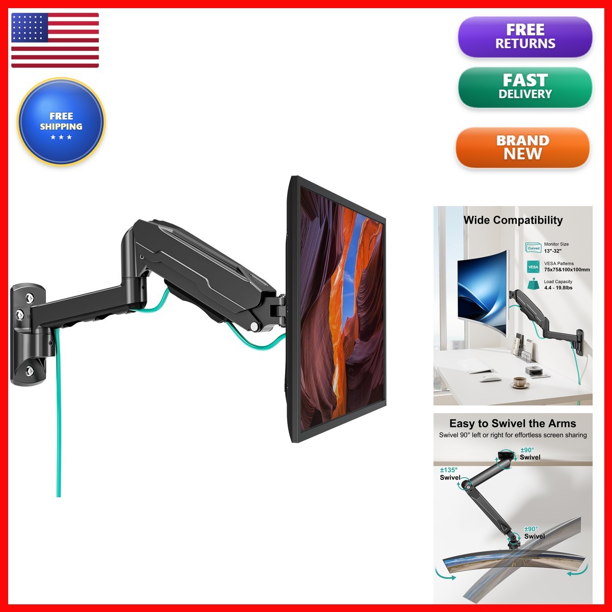 MOUNT PRO Single Monitor Wall Mount 13-32in Height Adjustable Full Motion Black