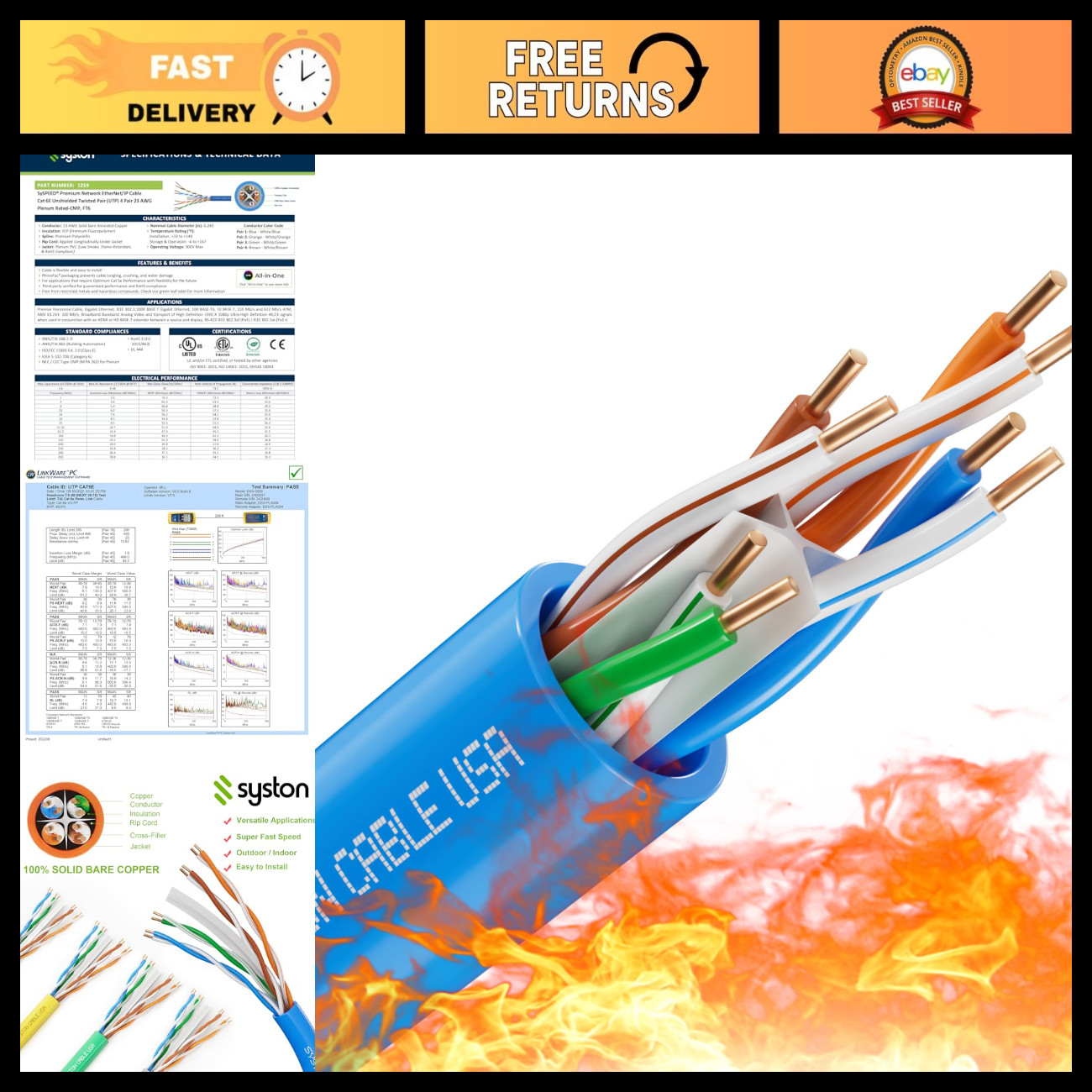 250 FT Cat 6E Ethernet Cable, 600MHz, 23AWG Solid Copper, Indoor/Outdoor, CMP Ra