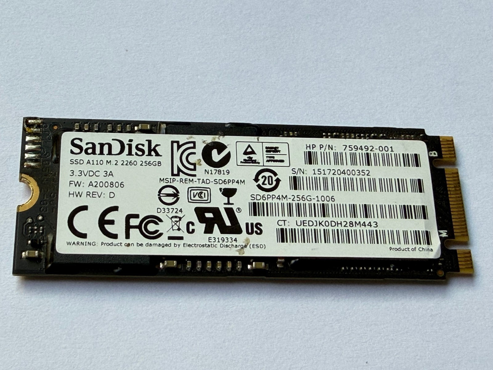 Sandisk A110 SSD SD6PP4M-256G-1006 M.2 2260 256GB PCIe NVMe for HP Zbook Laptop