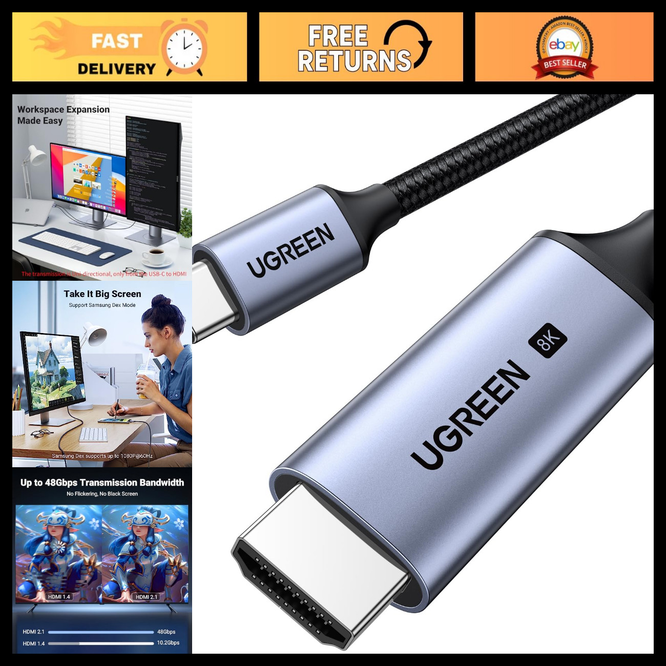8K HDMI 2.1 Cable USB C to HDMI, 6.6FT, 4K@240Hz, Ideal for Home Office Setup
