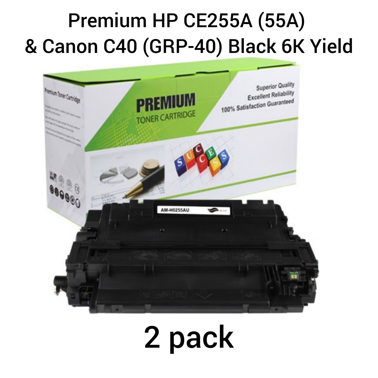 2 Premium HP CE255A (55A) & Canon C40 (GRP-40) Compatible Toner Cartridge, Black